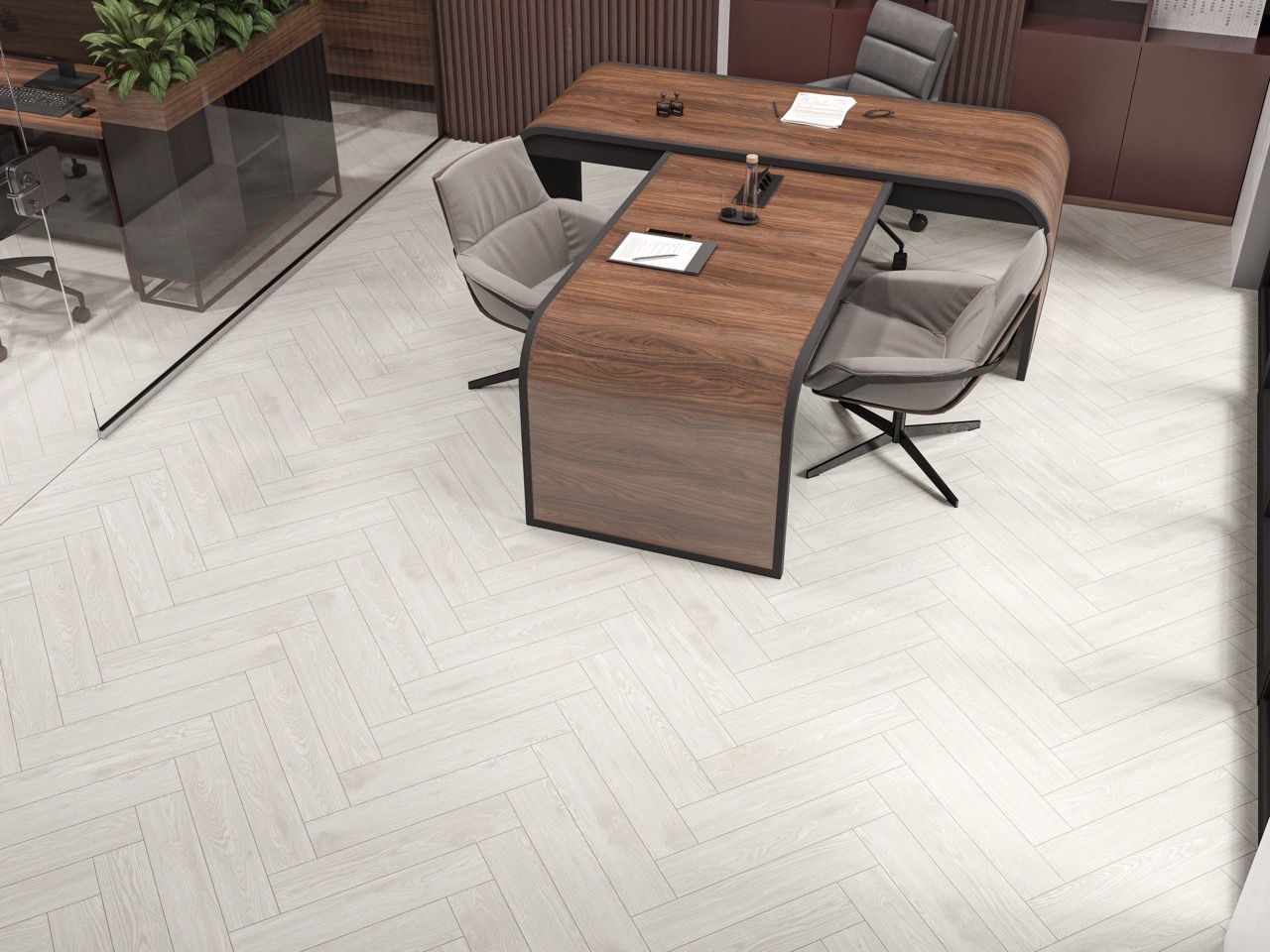 Кварцвиниловый SPC ламинат Cronafloor Herringbone Дуб Нант H003 венгерская елка 640×128×4,5 фото в интерьере